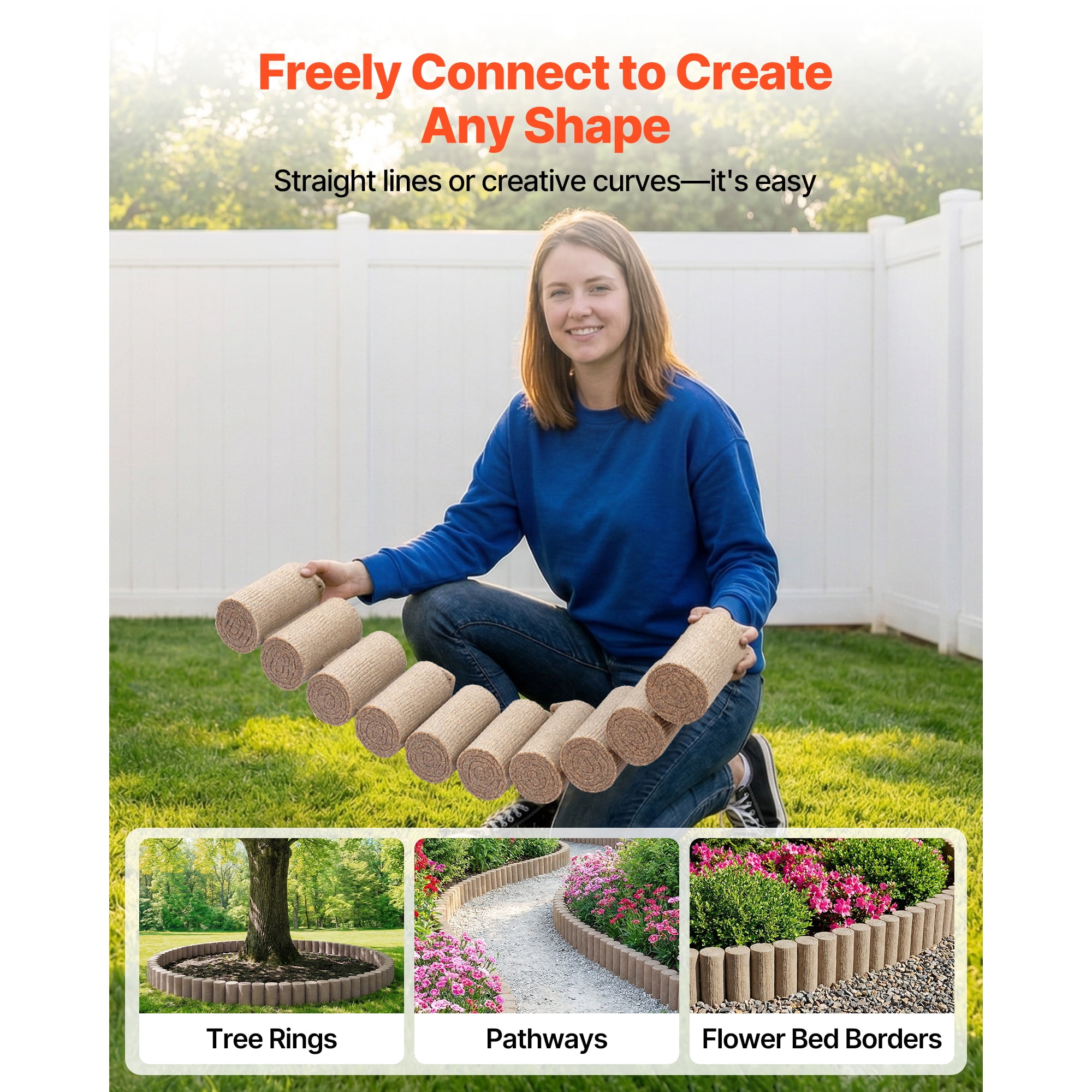 KFFKFF Faux Wood Garden Edging Kit, 13.7 ft No-Dig Border for Lawns, Flower Beds, Pathways, and Yards, 4 Sections with 10 Logs Each (41.14"L x 3.74"W x 7.48"H), Includes 32 Spikes, Beige
