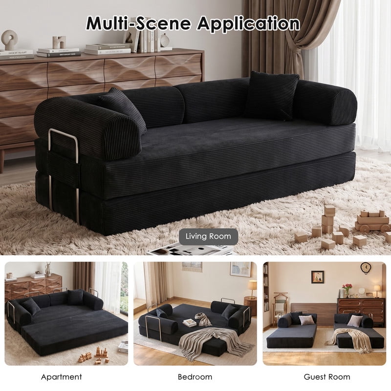 Anpport 78.8" Compression Boneless Sectional Sofa, Convertible Floor Sleeper Bed with Pillow Back Armrest, Corduroy Fabric, Black, for Living Room Bedroom