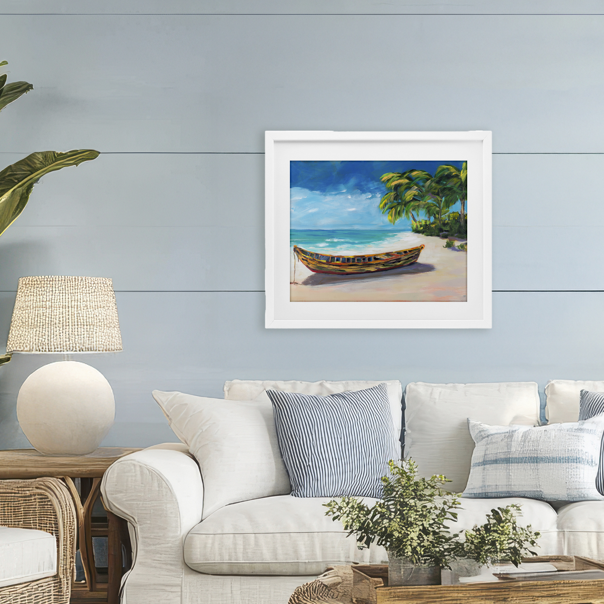 Stupell Industries Boat on Lost Island White Framed Print Under Glass, design by Julie DeRice