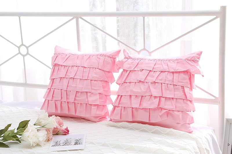 Bright Pink Throw Pillow Covers with Waterfall Ruffles 5 Lays Square Cushion Cases Egypt Cotton 18"X18" 2-Pack