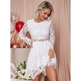 thumbnail image 3 of White Womens Elegant Round Neck Long Sleeve Lace Dress With Waist Cutout And Scalloped Hem, 3 of 6