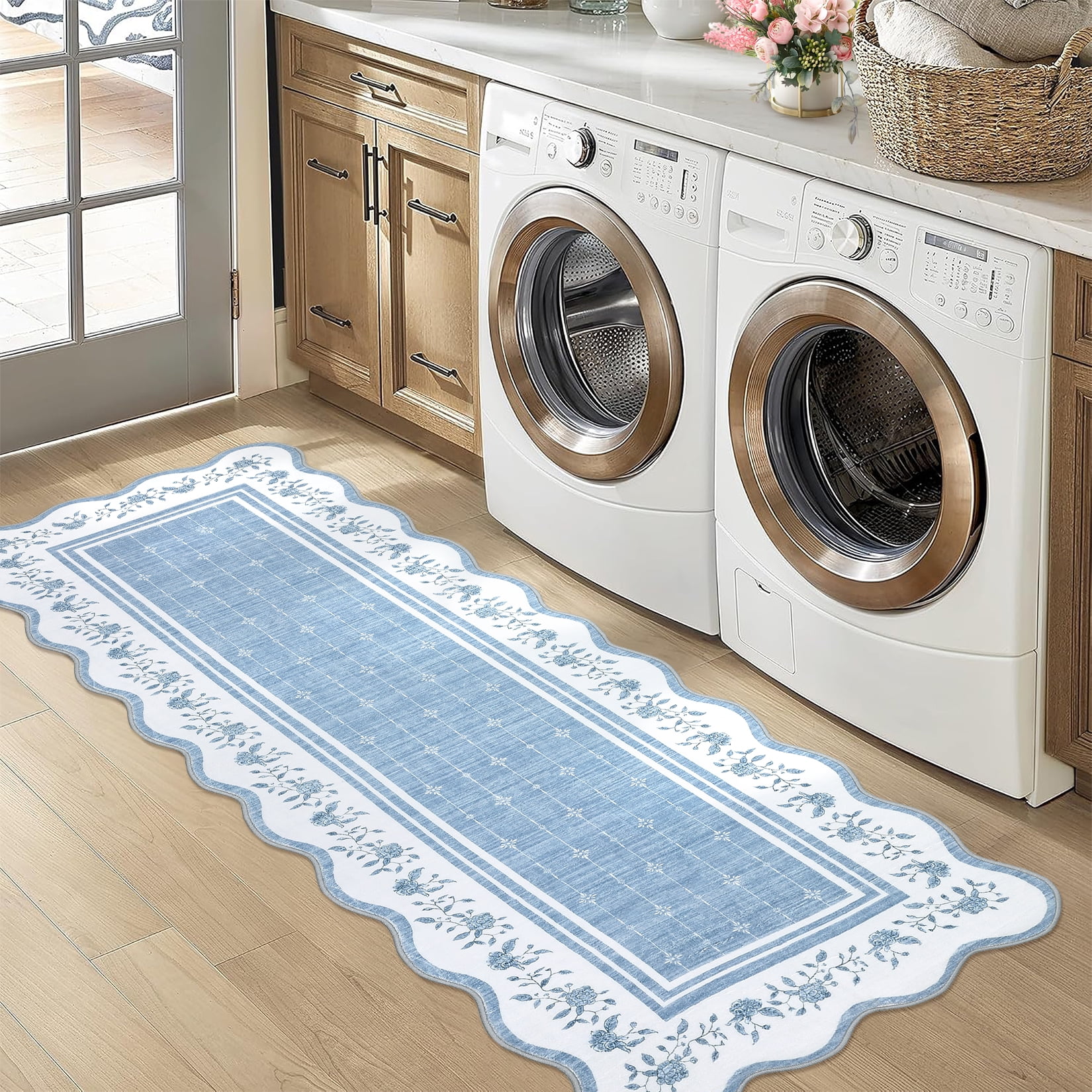 2x6 Runner Rug Scalloped Kitchen Runner Rug Non Slip Washable Entryway Runners Modern Bordered Foldable Thin Accent Carpet Low Pile Soft Nursery Rugs