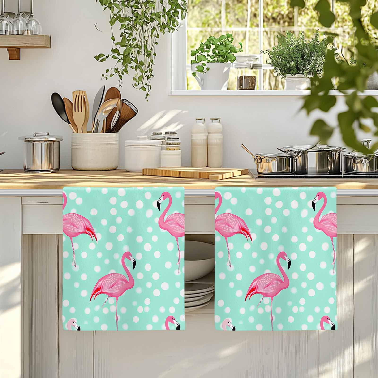 Green Flamingo Kitchen Towels Set of 2, Polka Dot Modern Art Absorbent Dish Towels for Kitchen, Microfiber Hand Towel, Quick Drying Tea Towel for Cleaning Decorative Dishcloths