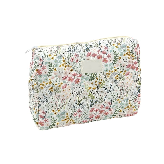 EverydayNest Quilted Makeup Bag,Medium Floral Cotton Cosmetic Organizer with Zipper, Travel Toiletry Pouch for Women,10.2x2.8x7.1in