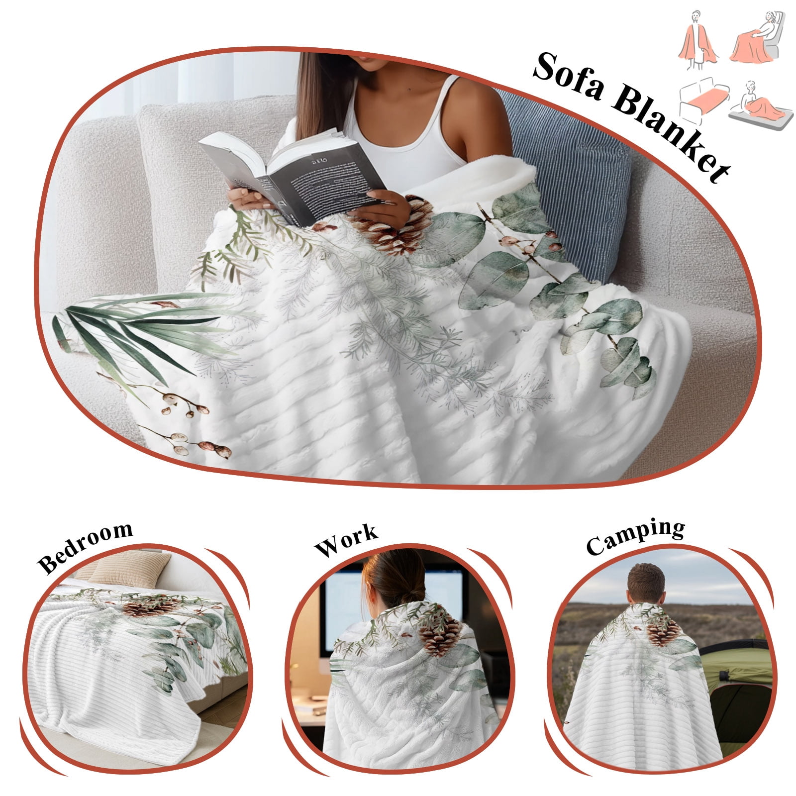 Christmas Botanical Throw Blanket, Flannel Fleece Blanket with Striped Design for Couch, Eucalyptus Leaves Xmas Pinecone Cotton Soft Breathable All Season Plush Blankets for Sofa Office Chair 30"x40"