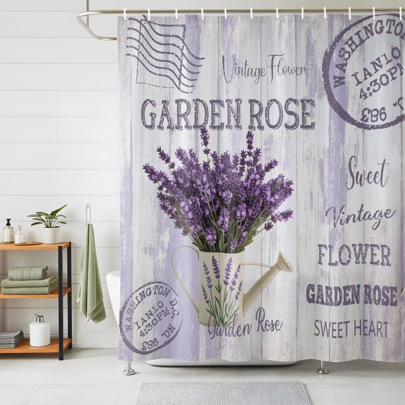 Shower Curtains for Bathroom, Purple Lavender Waterproof Fabric Shower Curtain, Vintage Farmhouse Rustic Floral Wooden Grain Decorative Bathroom Curtain for Bathtub, 72"x72", No Hooks Included