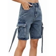 thumbnail image 3 of Women'S Y2K Baggy with Multi Pockets Bermuda Wide Leg Knee Length Long Jean Shorts Streetwear Jorts Blue S, 3 of 9