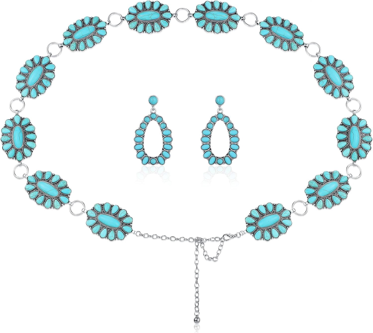 Women's Western Turquoise Blue Stone Oval Concho Chain Belt | Adjustable One Size Fits Most
