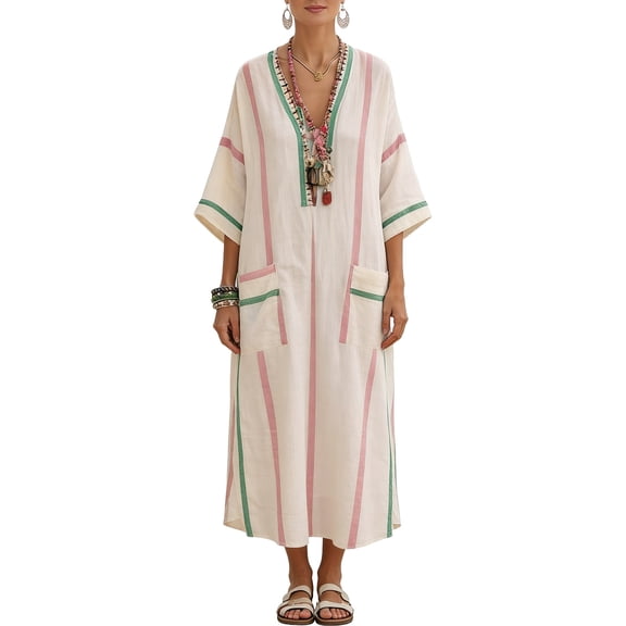 Qiopertar Women V Neck Half Sleeve Striped Kaftan Maxi Dress Casual Boho Beach Cover Up Loose Flowy Patch Pocket Vacation Dress, Pink S