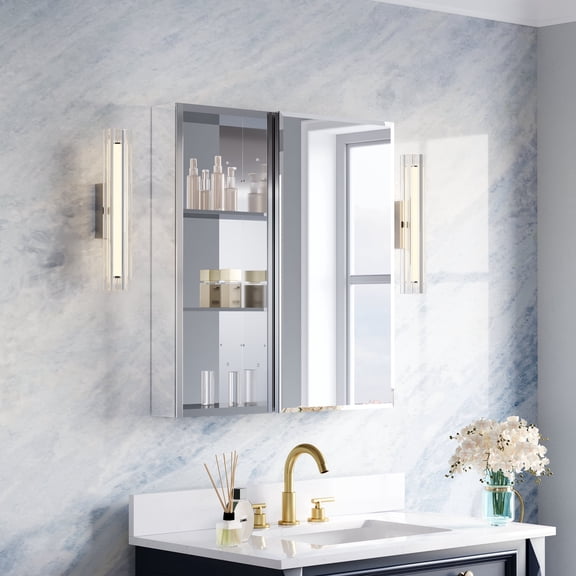 ANGELES HOME 28 x 30 in Copper-Free Bathroom Mirror Medicine Cabinet with Beveled Mirror Door and Open Shelf, Surface or Recessed Mount