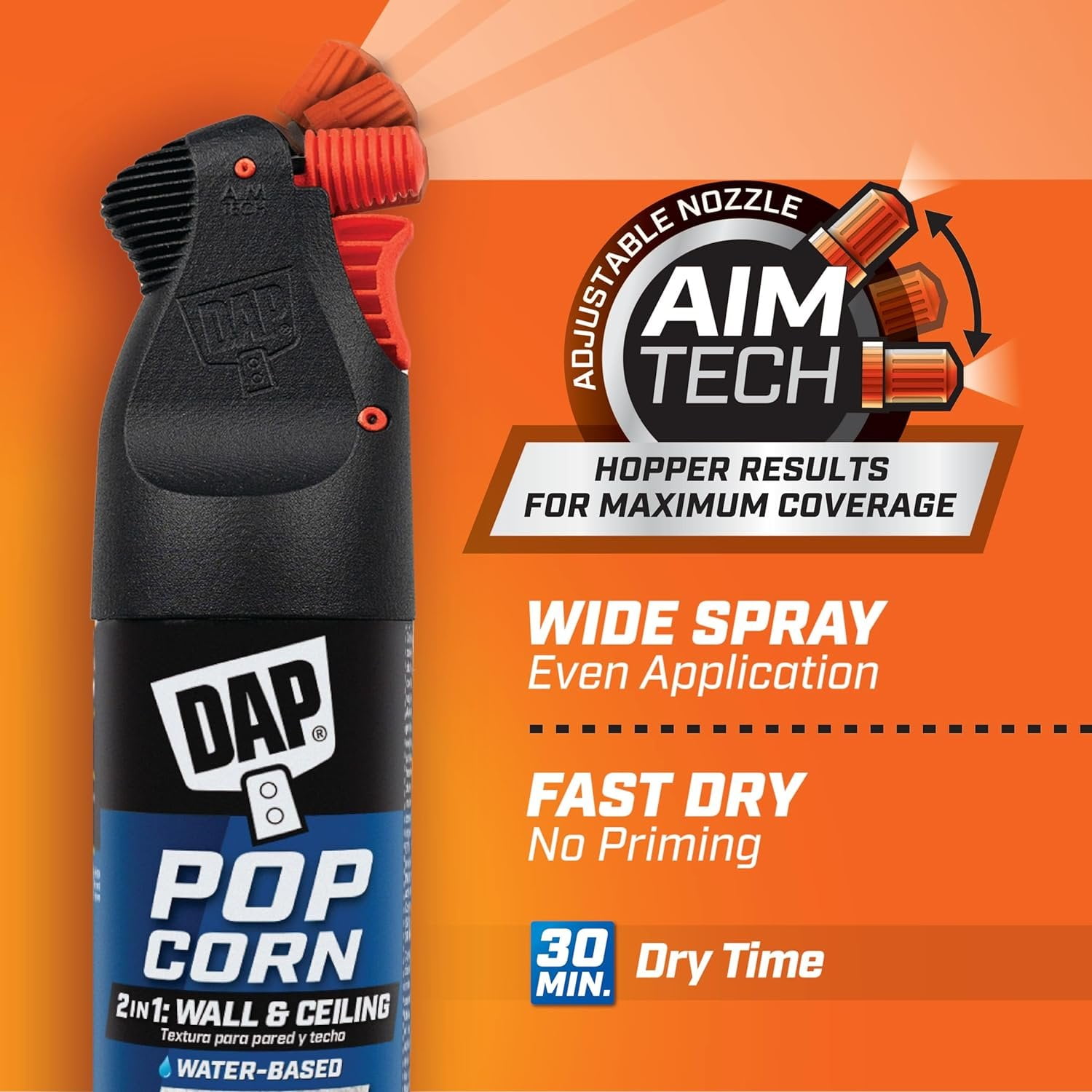 DAP 7079850025 Popcorn Water Based 2in1 Wall & Ceiling Texture Spray with Aim Tech Nozzle, White, 20 Ounce
