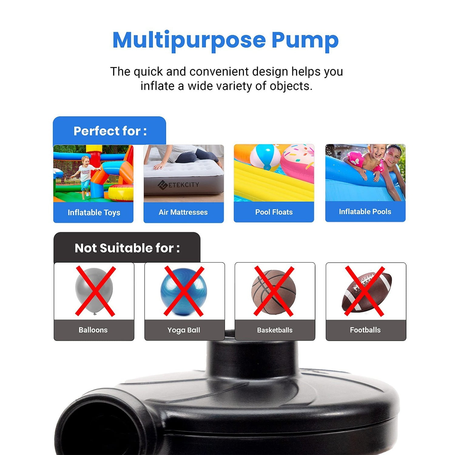 Cikuci Electric Air Pump Air Mattress Portable Pump for Inflatables Couch, Pool Floats, Blow up Pool Raft Bed Boat Toy, Quick-Fill AC Inflator Deflator with 3 Nozzles, One Size, Black