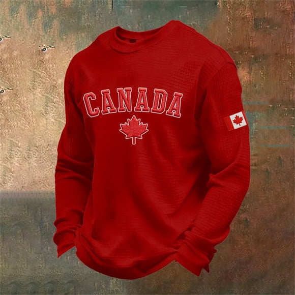 Men's Long Sleeve Knit Tee with Canadian Flag Graphic for Everyday Casual Wear in Fall and Winter Top