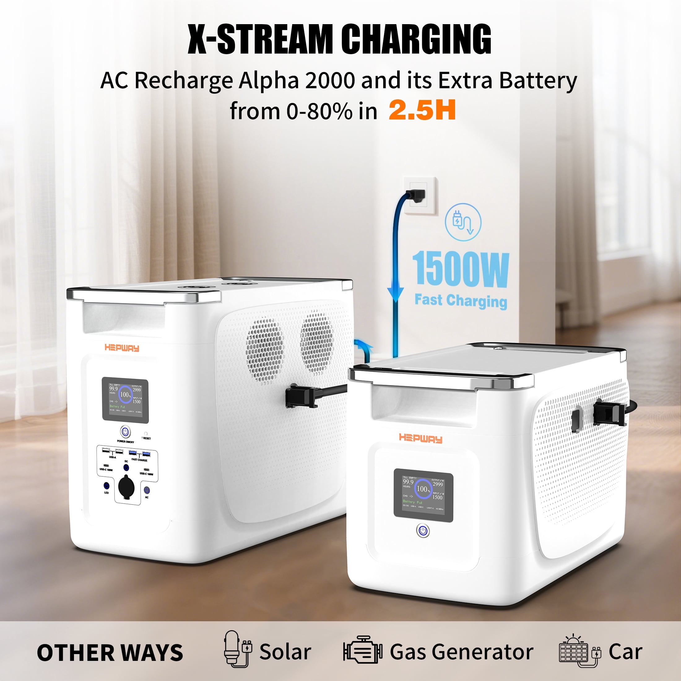 HEPWAY Portable Power Station with 2*Extra Battery, 2400W 6144Wh LiFePO4 Battery W/ Expandable Capacity 32kWh, Solar Generator for Home UPS Blackout Backup RV(Alpha 2000 & 2PCS Alpha 2000X Included)