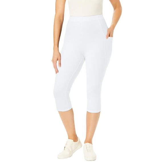 Woman Within Plus Size Petite Stretch-Cotton Knit Pull-On Pocket Capri Leggings