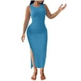 thumbnail image 2 of QUNYINEY Dresses for Women 2025 Sleeveless Solid Casual Bodycon Dress Split Hem Crew Neck Maxi Sundress, 2 of 3