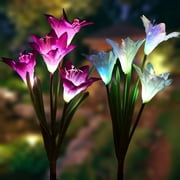 3 Pack Outdoor Solar Garden Stake Lights,Solar Lights with 12 Lily Flowers, Waterproof Multi-color Changing LED Solar Stake Lights for Garden,Patio, Backyard(White,Purple,Blue)