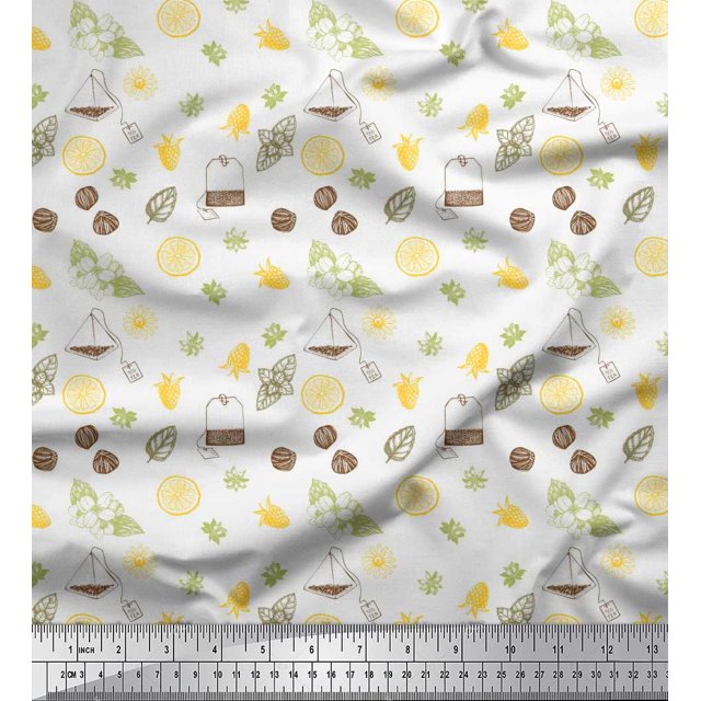 Soimoi White Rayon Crepe Fabric Tea Bag,Star Anise & Lemon Slice Vegetable Decor Fabric Printed Yard 46 Inch Wide