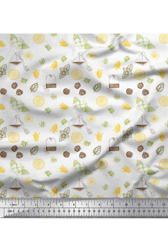 White Rayon Fabric Tea Bag,Star Anise & Lemon Slice Vegetable Print Sewing Fabric Yard 42 Inch Wide