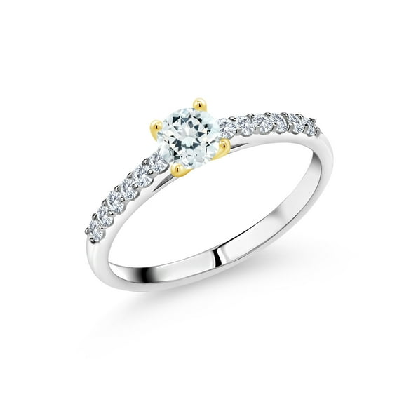 Gem Stone King 925 Silver and 10K Yellow Gold Lab Grown Diamond Women Engagement Ring Set with 5mm Round Sky Blue Aquamarine (0.68 Cttw, Size 6)