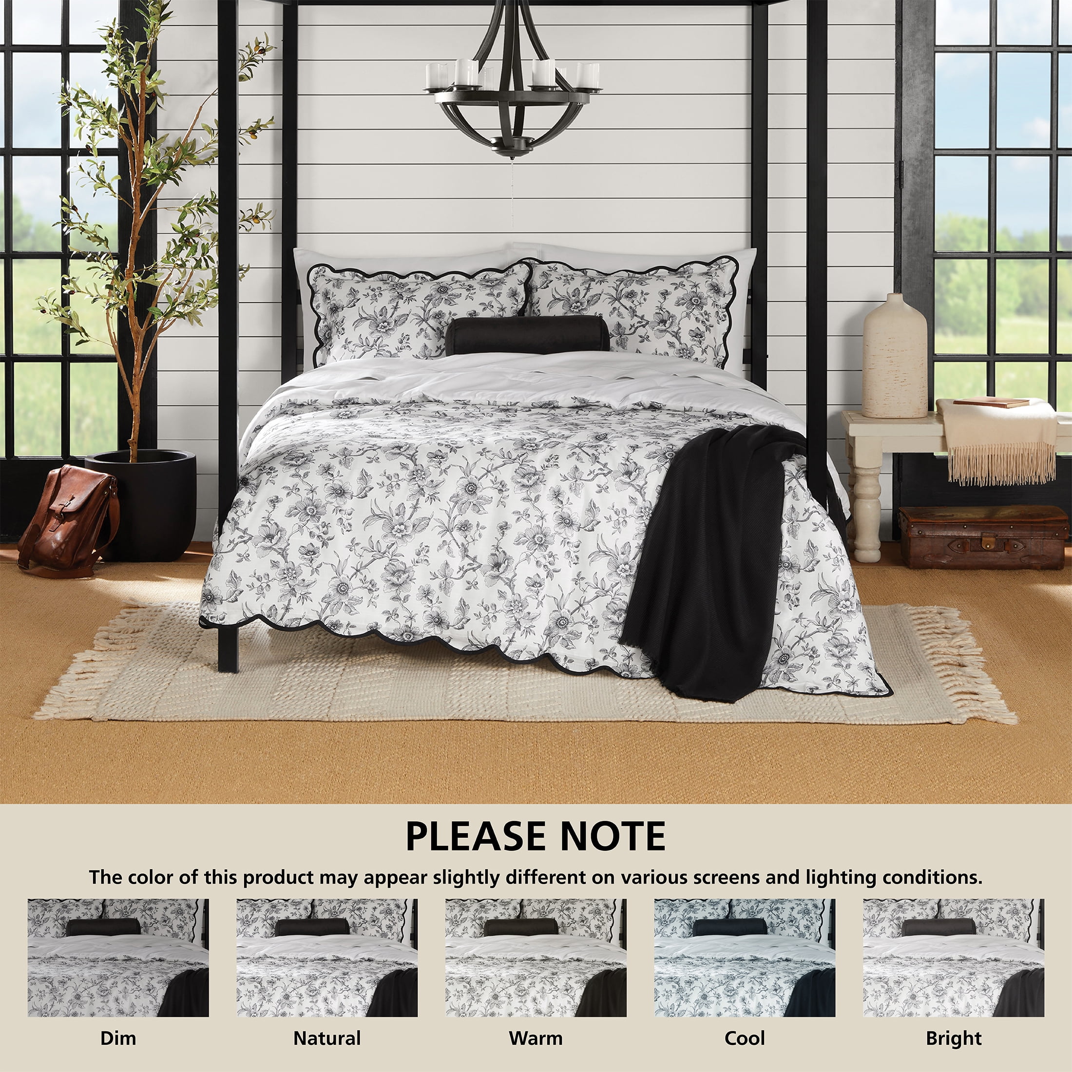 Mainstays Full/Queen Comforter Set, All-Season, 5-Piece, White & Black Floral Scallop