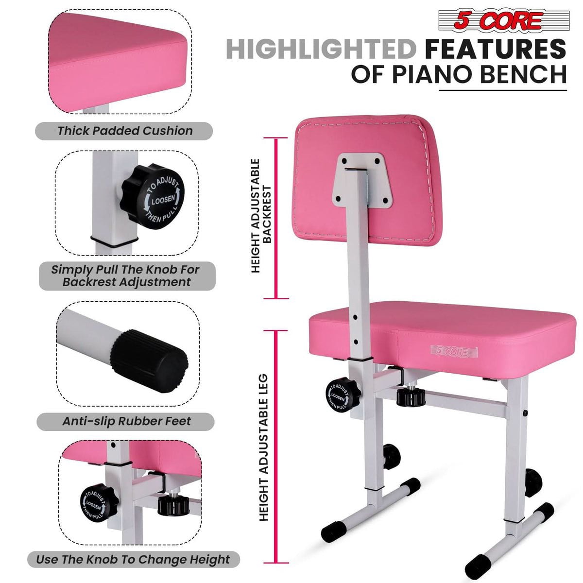 5 Core Piano Bench 3" Padded Cushioned Stool w Backrest Heavy Duty Musician Chair Height Adjustable