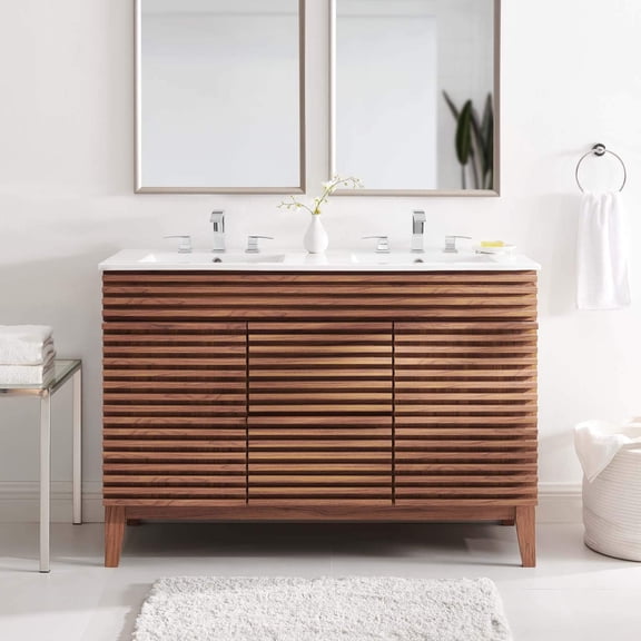Pemberly Row 48" Modern Wood Double Sink Bathroom Vanity in Walnut/White