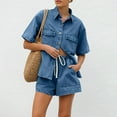 thumbnail image 2 of Women's Denim Outfits Short Sleeve Button Shirt Drawstring Shorts Jean Set, Loose Casual Two Piece Denim Outfits Two Piece Sets Light Blue M, 2 of 9
