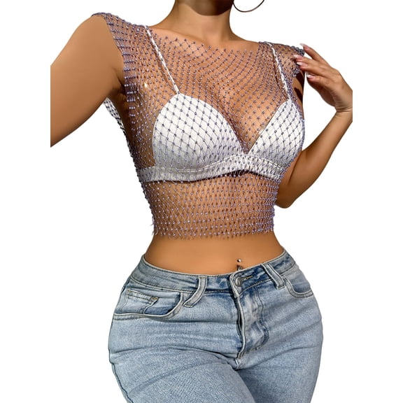 Women'S Fishnet Tops Shiny Sleeveless Rhinestone Hollow Mesh Vest See Through Costumes Purple XS