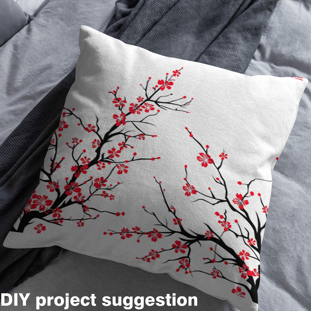YST Plum Bossom Fabric By The Yard, Flowers Trees Branches Upholstery Fabric, Winter Florals Japanese Style DIY Decorative Fabric, Modern Botanical Indoor Outdoor Fabric, Black Red, 5 Yards