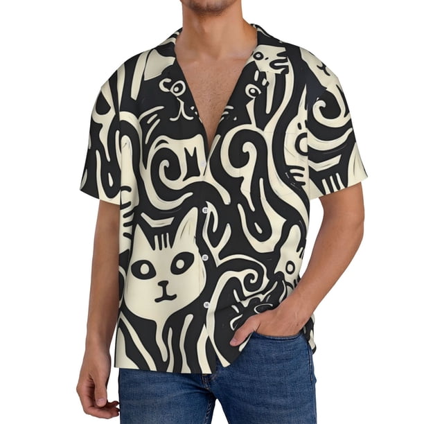 Fotbe Abstract Cat Faces Pattern Camisa Estampada de Manga Corta para Hombre, Casual de Verano, Estilo Playero, Sin Arrugas-4X-Large