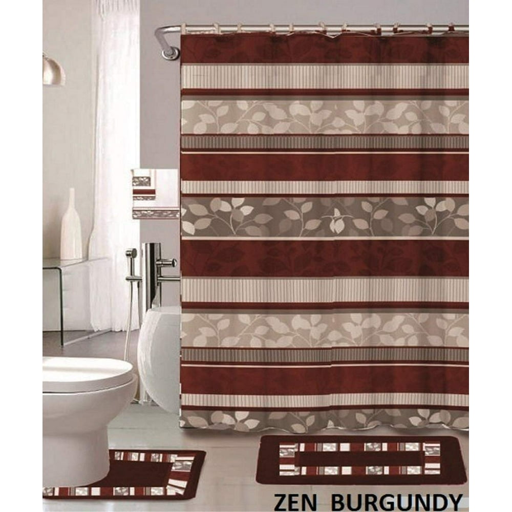 Zen Burgundy 18Piece Bathroom Set 2Rugs/mats, 1Fabric Shower