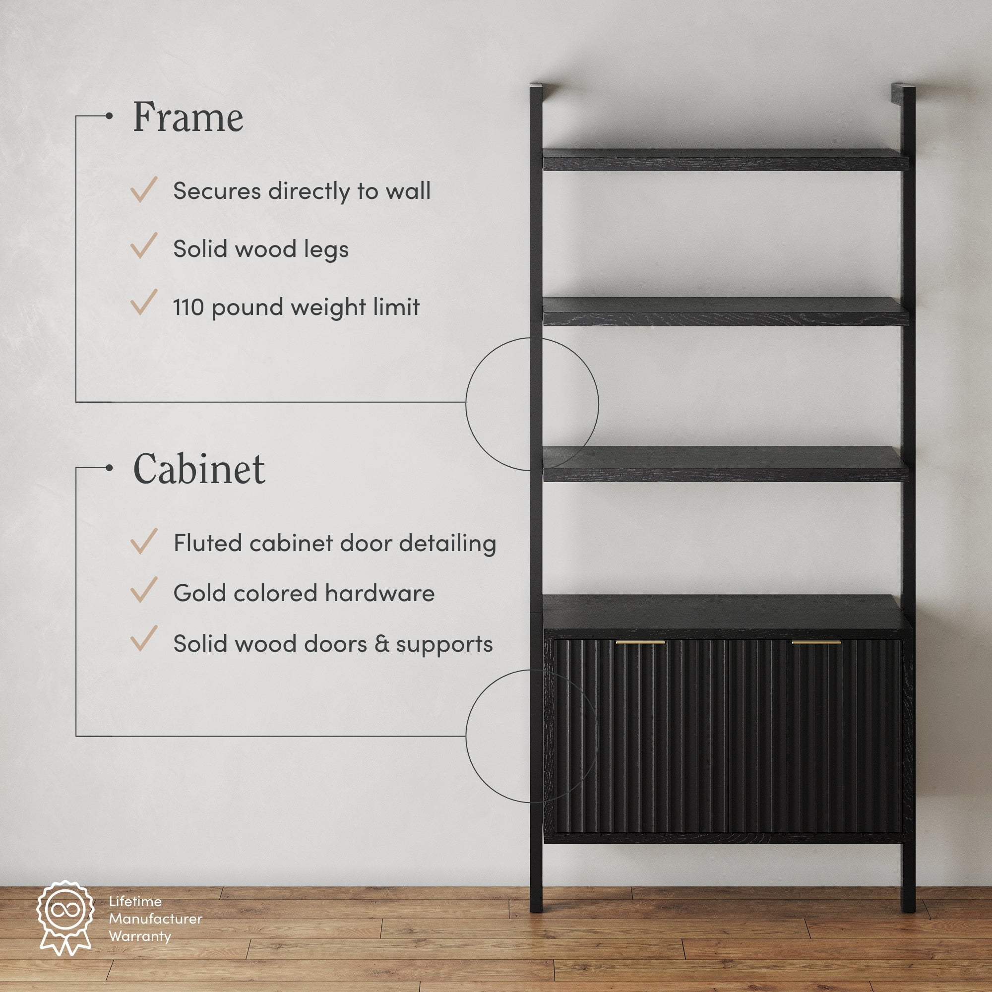 Nathan James Jasper 3-Shelf Solid Wood Boho Bookshelf, Wall Mounted Bookshelf with Cabinet with Fluted Doors, Black Oak