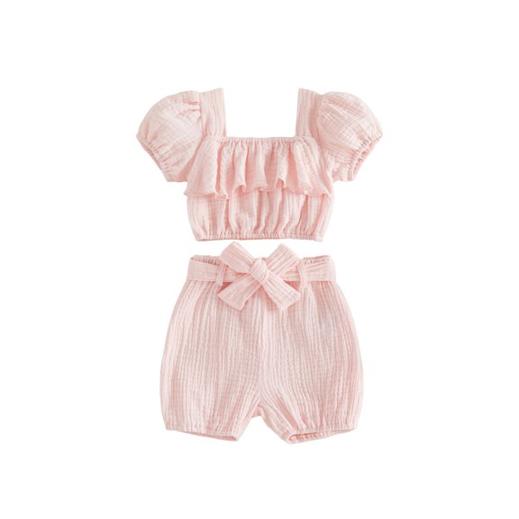 BemeyourBBs Toddler Baby Girls Summer Clothes Infant Baby Girls 2 Piece Outfits Short Puff Sleeve Square Neck Ruched Shirt Tops Belted Shorts Sets