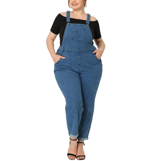Unique Bargains Women's Plus Size Adjustable Denim Overalls Jeans Pants