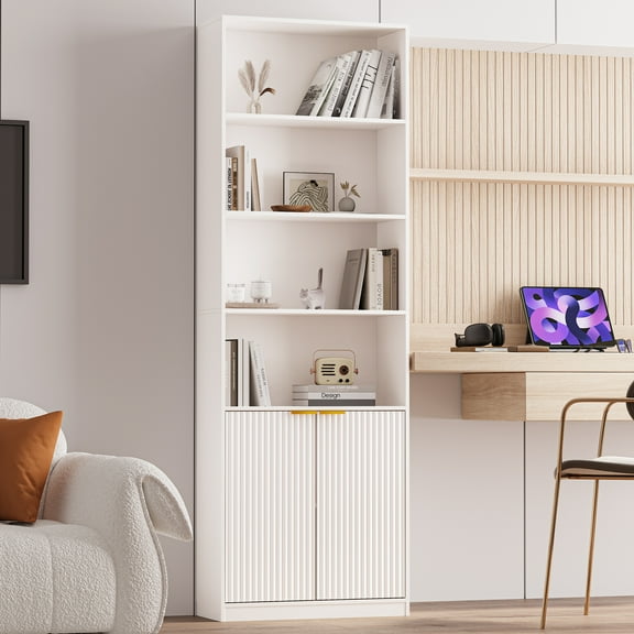 72" Tall Bookshelf with Fluted Doors, 6-Tier Modern Bookcase and Storage Cabinet, Display Shelves with Anti-Tip Kit for Living Room, Bedroom, and Home Office Decor