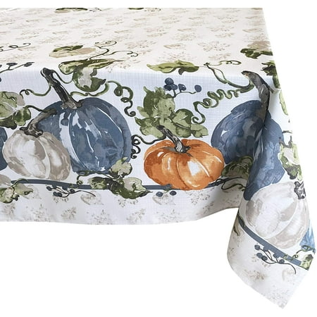 

Newbridge Pumpkin Vines Stonewashed Bordered Thanksgiving Fall Fabric Tablecloth Blue Pumpkin Autumn Harvest Easy Care Tablecloth 60” x 144” Oblong/Rectangle