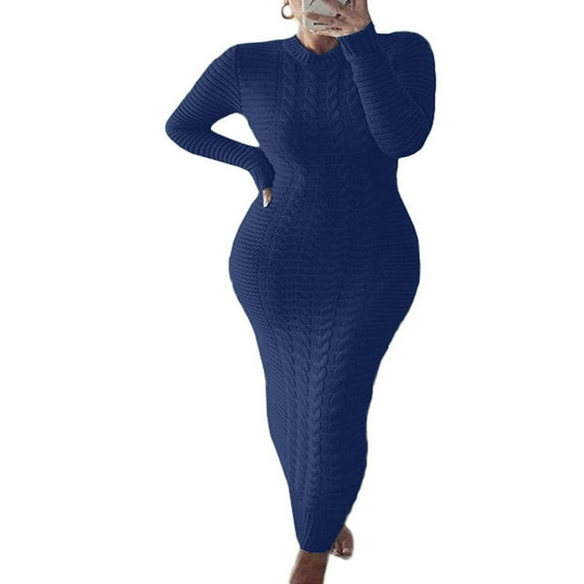 Women Long Sleeve Knitted Dress Crochet Pattern Solid Ribbed Casual Dress