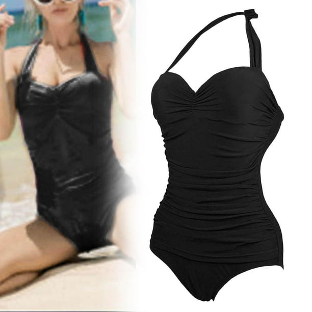 de de 1 pcs para mujer Monokini de Color sólido fruncido elegante Halter Control de barriga de de moda s de Negro M Salvador Traje de baño de una pieza para mujer