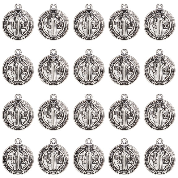 1set 50pcs style Alloy Pendants Saint Benedict Medal Cadmium Free & Lead Free Flat Round Antique Silver 20x17x2mm Hole: 1.6mm
