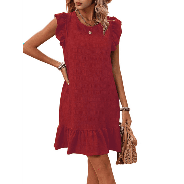 Vestidos de Verano para Mujer, Cuello Redondo, Corta, Dobladillo con Volantes, Vestido Mini Informal, Rojo XXL