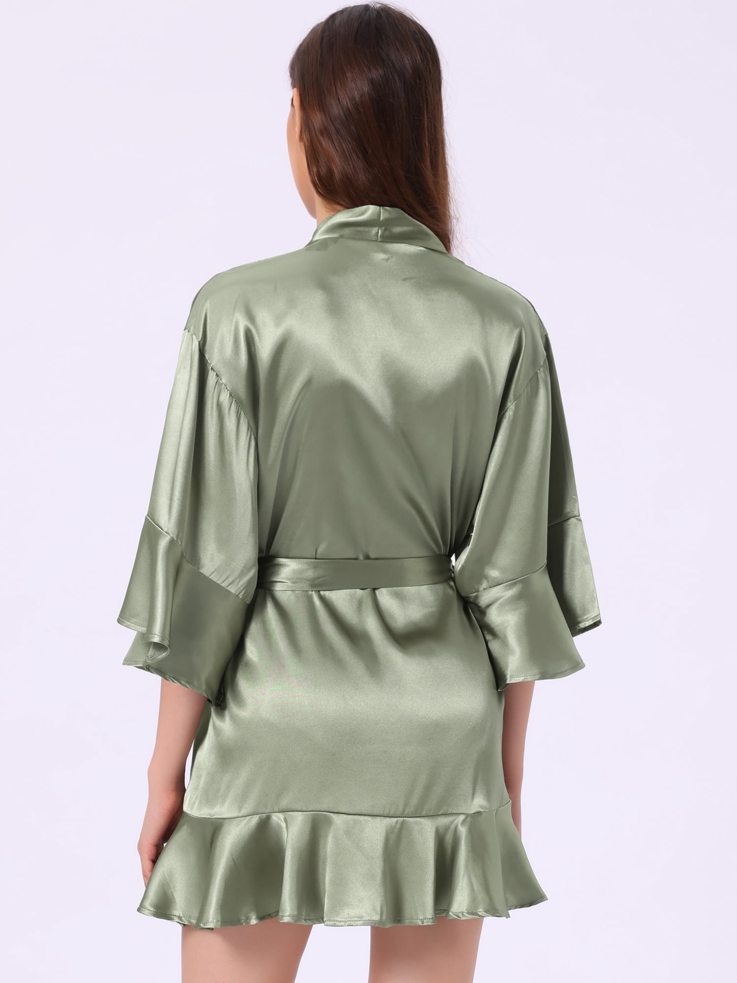 DARING DIVA Women's Satin Silky 3/4 Sleeves Tie Waist Loungewear Robes L Pea Green