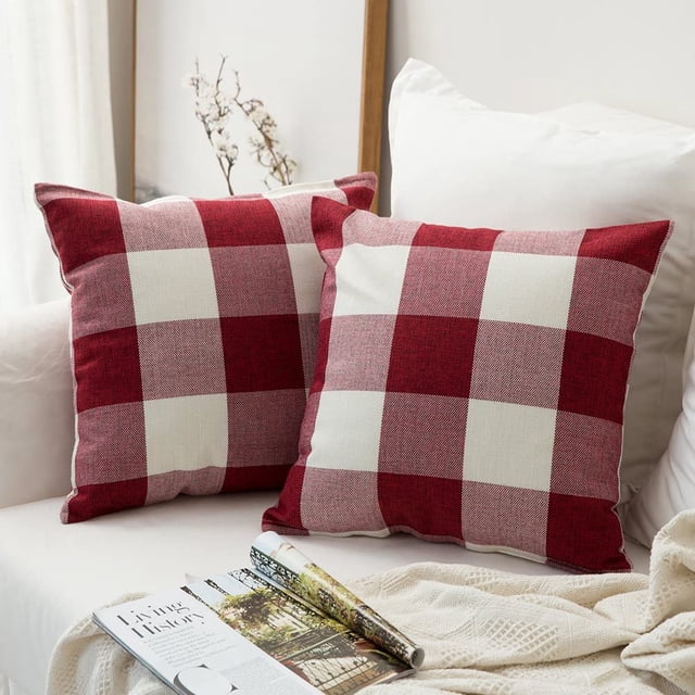 Lot de 2 Housses de Coussin à Carreaux pour Décoration Intérieure Automne 18 x 18 Pouces (Rouge-Blanc)