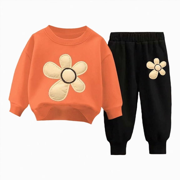 Quealent Baby Girl Fall Winter Outfits Toddler Clothes Long Sleeve Floral Graphic Crewneck Sweatshirt Joggers Pants Set (Orange, 7-8 Years)