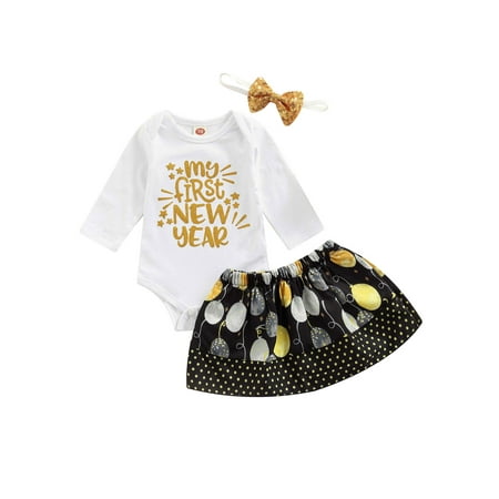 

Calsunbaby 3PCS Infant Newborn Baby Girls Letter Print Long Sleeve O-Neck Romper Balloon Print Skirt Headband