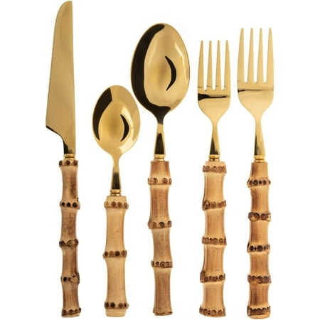 

YELROL 30-Pieces Bamboo Silverware Set Natural Bamboo Handle Flatware Cutlery and Utensils Set 18/8 Stainless Steel Mirror Polish Tableware Elegant Dinnerware Design