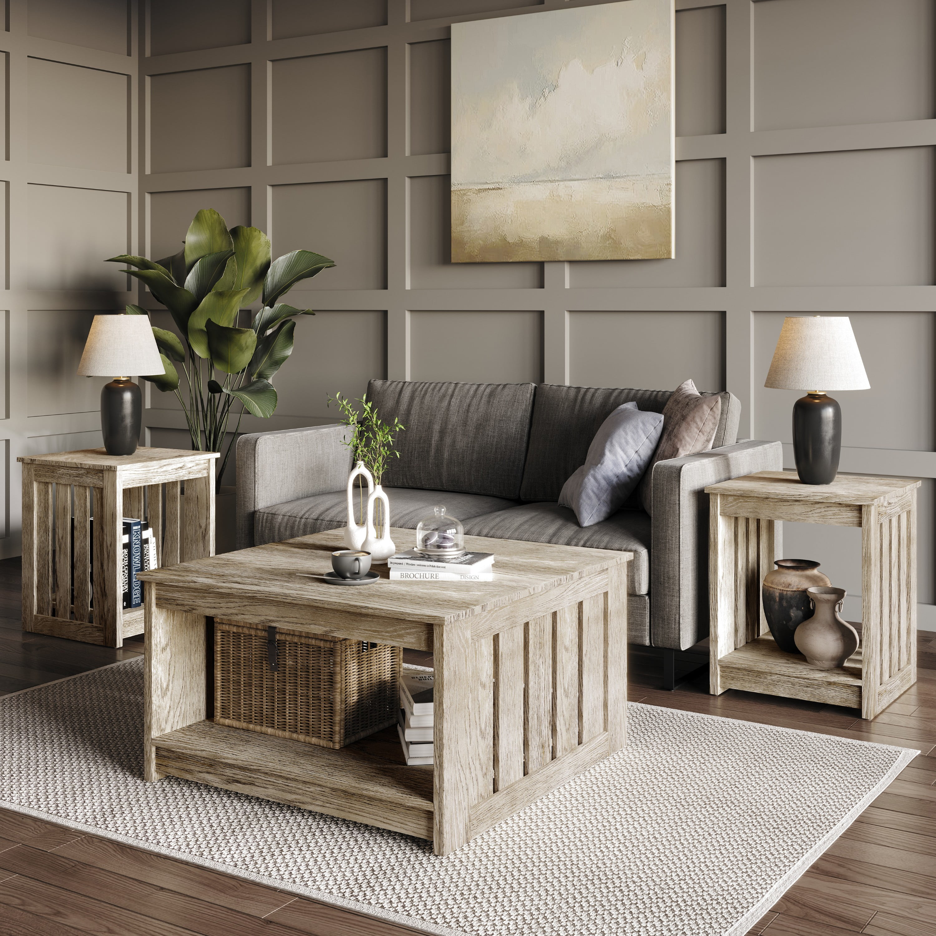 Home Design Nashua 3-Piece Coffee Table Set with Rectangular Coffee Table and 2 Matching End Tables, Modern Open Shelf Design for Living Room, Antique Gray