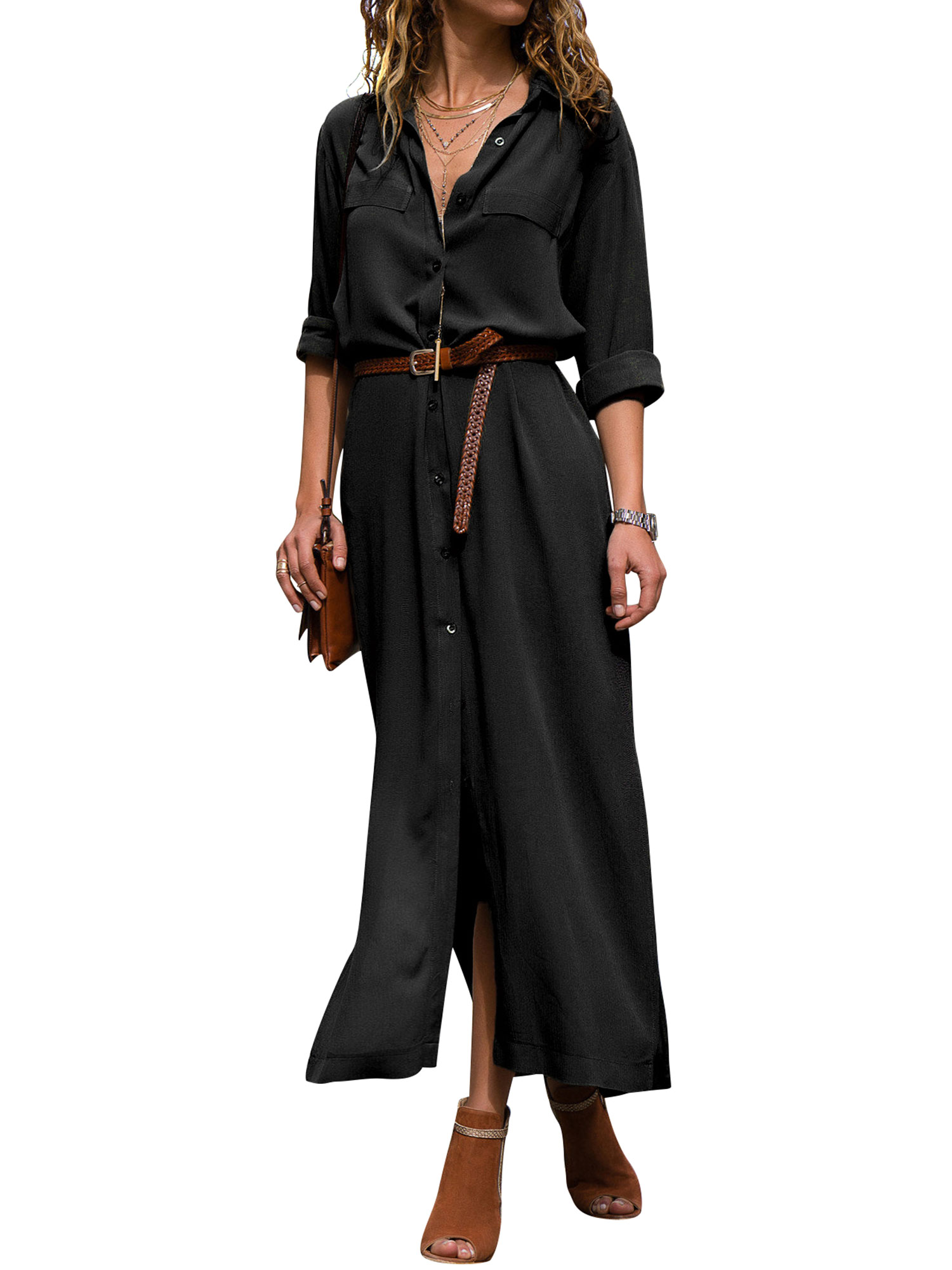 Nlife Women's Long Sleeve Button Down Shirt Dress