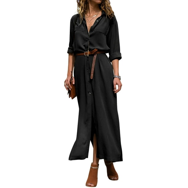Nlife Women's Long Sleeve Button Down Shirt Dress