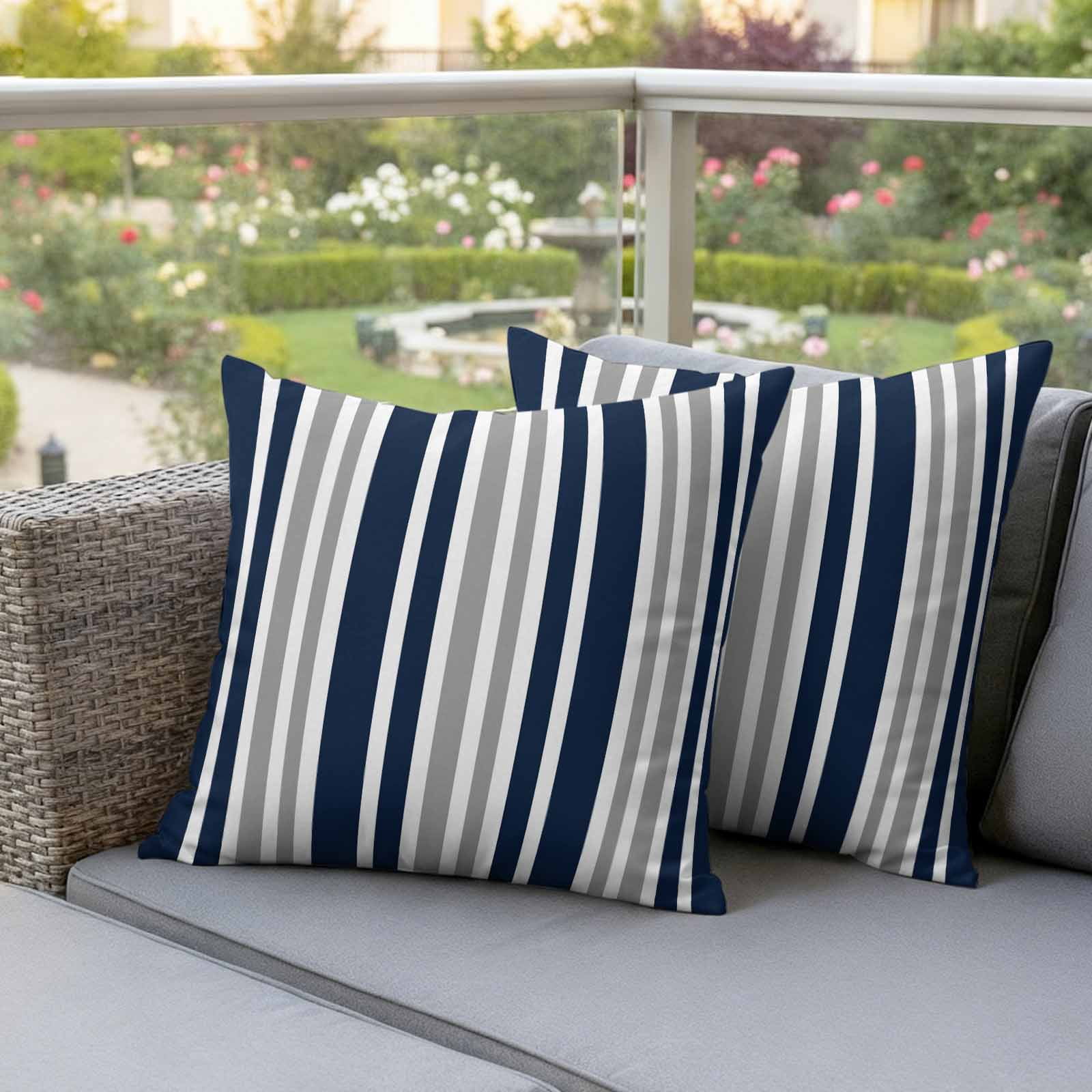 Navy Blue Grey Striped Outdoor Waterproof Pillow Covers, Modern Minimalist Ombre Lines Decorative Square Throw Pillowcase Sofa Cushion Sham for Patio/Couch/Chair, 24"x24" 2 Pack